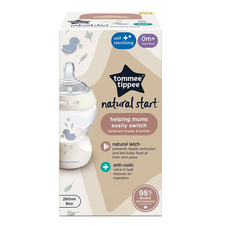 Tommee Tippee Natural Start Самостерилизиращо Бебешко Шише за Хранене с Декорация Синьо Птиче 260 мл с Биберон с Бавен Поток 1 Капка 0м+