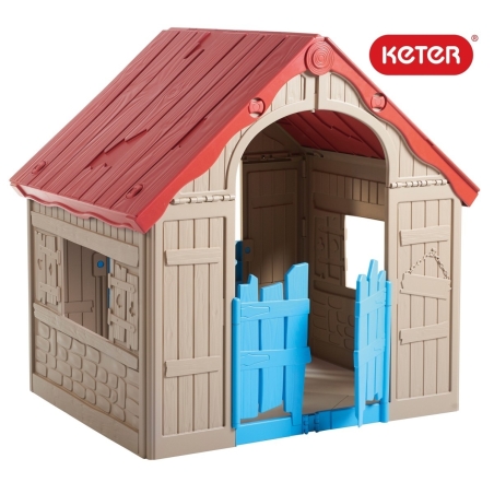  Сгъваема пластмасова къща за игра Keter Wonderfold, Червена/Бежова/Синя 