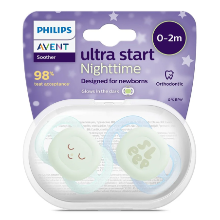 Philips AVENT SCF075/08 Комплект от 2 броя светещи в тъмното ортодонтични залъгалки за новородени Ultra Start Night 0-2м в синьо и зелено с декор Sleep в кутия за стерилизиране
