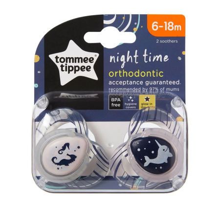 Tommee Tippee ОРТОДОНТИЧНИ ЗАЛЪГАЛКИ - NIGHT 6-18М (2 бр./оп.) М.КОНЧЕ/НАРВАЛ