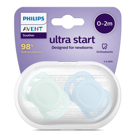 Philips AVENT SCF075/02 Комплект от 2 броя ортодонтични залъгалки за новородени Ultra Start 0-2м в синьо и зелено в кутия за стерилизиране