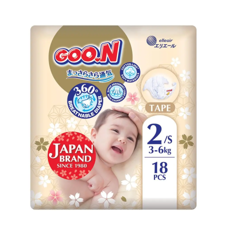 Goo.N Premium Soft Пакет от 18 броя Еднократни бебешки пелени размер 2 за деца с тегло от 3 до 6 кг