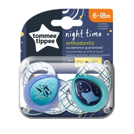 Tommee Tippee ОРТОДОНТИЧНИ ЗАЛЪГАЛКИ - NIGHT 6-18М (2 бр./оп.) РИБА/КОТКА