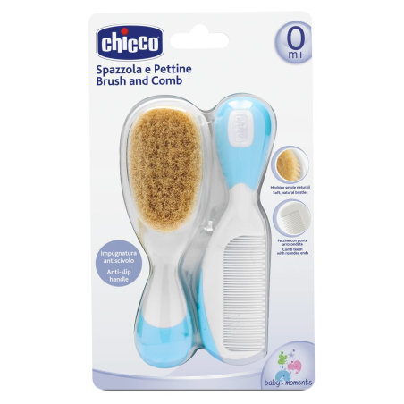 CHICCO Комплект гребен и четка от естествен косъм 0м+ Син
