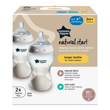 Tommee Tippee Natural Start САМОСТЕРИЛИЗИРАЩ се Комплект от 2 броя бебешки шишета 340мл. за хранене  с биберон със среден поток 3м+