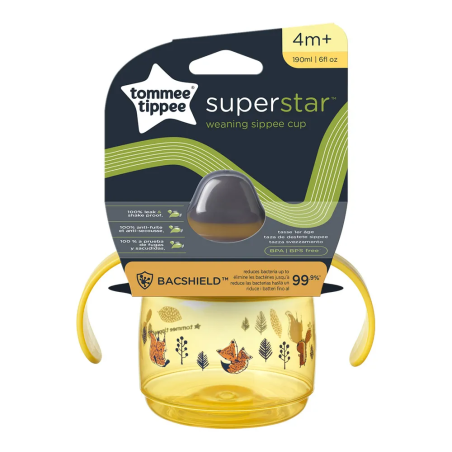 Tommee Tippee Неразливаща се Чаша с Мек Накрайник с Дръжки 190 мл 4М+ Жълта с Покритие Bacshield