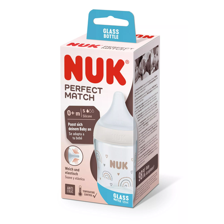 NUK Perfect Match Стъклено Шише 120мл със Силиконов Биберон за Хранене S 0+ месеца с Дъга