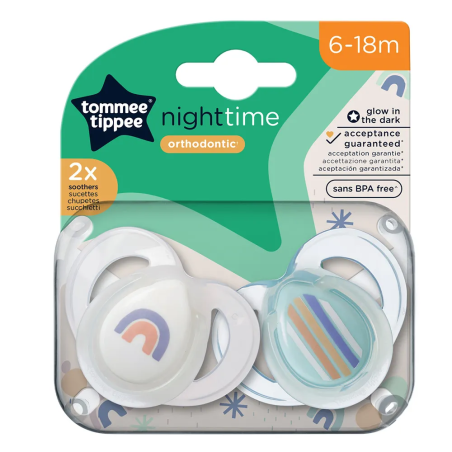 Tommee Tippee Ортодонтични Залъгалки Night Time 6-18M+ 2 Броя Бяла и Синя с Декор Дъга