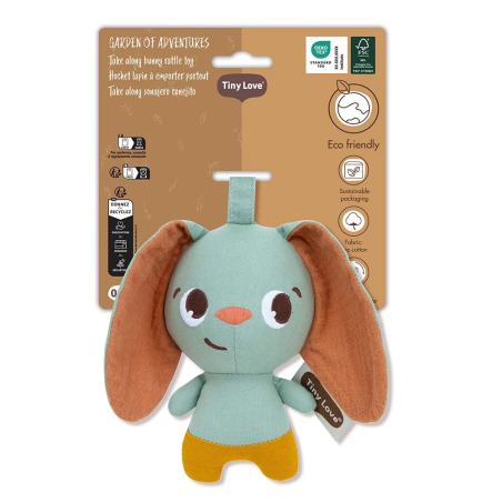 Tiny Love Текстилна кукла с дрънкалка Заек от Еко колекция Garden of Adventures на с мека връзка за закачане на количка 0м+