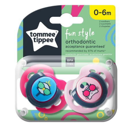 Tommee Tippee ОРТОДОНТИЧНИ ЗАЛЪГАЛКИ - FUN STYLE 0-6М (2 бр./оп) ПИЛЕ/КОТКА
