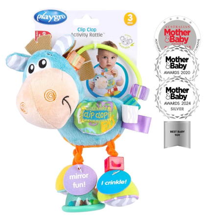 PLAYGRO Мека плюшена дрънкалка Кончето Хоп Троп, със 6 активности 3м+ Синя