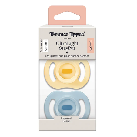 Tommee Tippee Ортодонтични Залъгалки Ultra Light Stay Put Силиконови от 0-6М+ 2 Броя Жълт и Син Цвят
