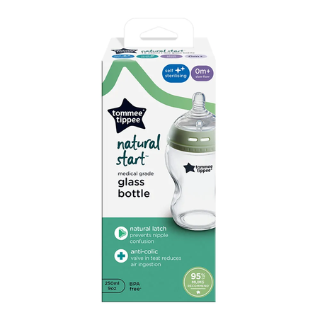 Tommee Tippee Natural Start Стъклено Шише за Хранене  250 ml с Биберон с Бавен Поток 0м+
