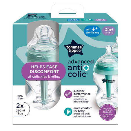 Tommee Tippee Advanced Anti-Colic+ 260 мл Комплект от 2 броя Самостерилизиращи се Бебешки Шишета за Хранене и Система за Намаляване на Коликите