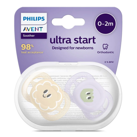 Philips AVENT SCF075/03 Комплект от 2 броя ортодонтични залъгалки за новородени Ultra Start 0-2м в оранжево и лилаво със забавен дизайн очички в кутия за стерилизиране
