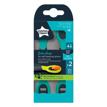 Tommee Tippee SMUSHEE 1-ва ЛЪЖИЦА ЗА САМОСТОЯТЕЛНО ХРАНЕНЕ 4м+ (2 бр./оп.), антибактериално покритие
