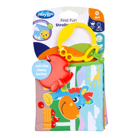 Playgro First Fun Stroller Book 0м+ Мека Текстилна Книжка с 4 Шумолящи Листа с Гризалка и Клипс за Количка