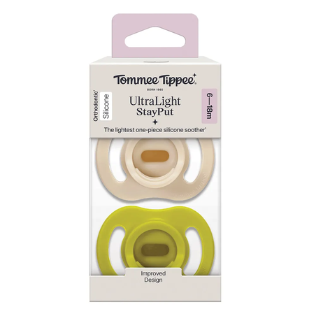 0-6М+ 2 Броя Зелен и Бял ЦвятTommee Tippee Ортодонтични Залъгалки Ultra Light Stay Put Силиконови от 0-6М+ 2 Броя Бял и Зелен Цвят