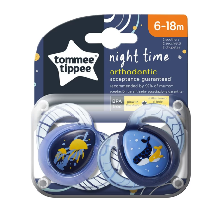Tommee Tippee ОРТОДОНТИЧНИ ЗАЛЪГАЛКИ - NIGHT 6-18М (2 бр./оп.) МЕДУЗА/КИТ
