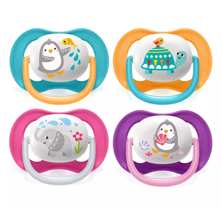 Philips AVENT SCF080/12 Комплект 2 Броя Ортодонтични Залъгалки Ultra Air Happy 0-6м+ с декорация Пингвин и Костенурка в Кутия за Стерилизиране