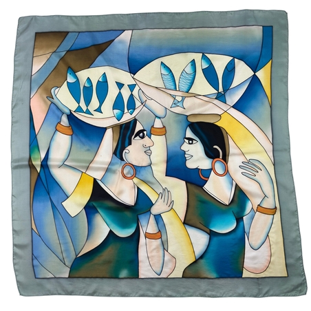 Hand-pleated silk print scarf