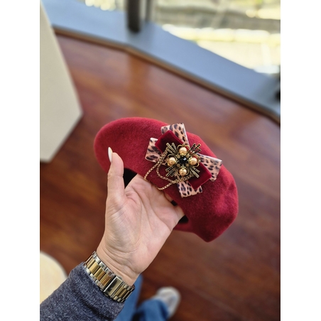 Burgundy and Leopard  Beret