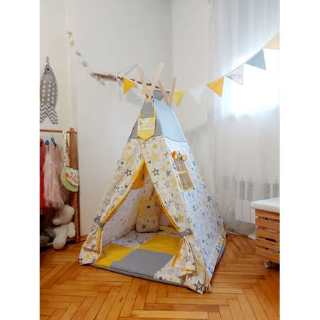 Детска палатка Еовин звезди в сиво и жълто