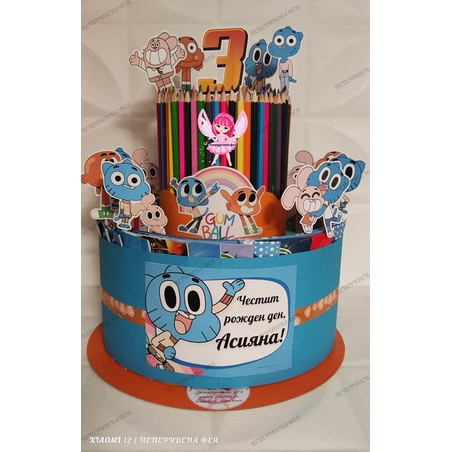 Торта от книжки и моливи ГЪМБОЛ 4 / Gumball