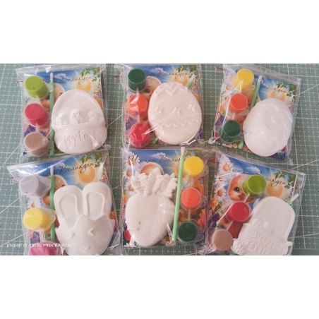 Великденски комплект керамични яйца, зайчета, кошнички с 3бр. боички и четка