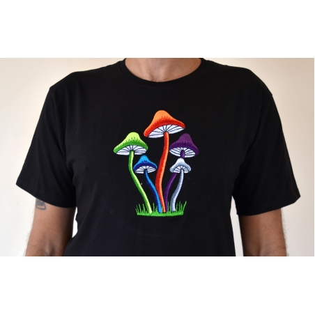 Colorful Mushrooms Embroidery T-shirt