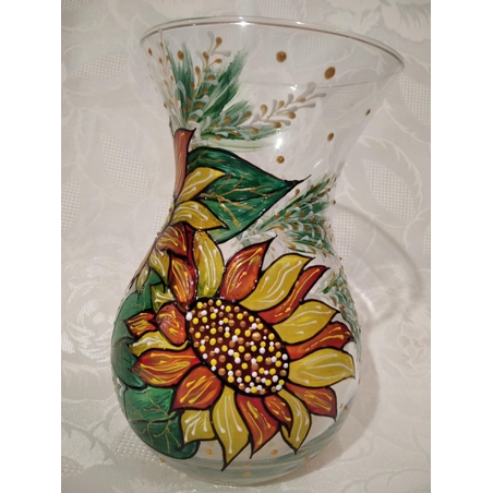 Hand painted glass vase with sunflowers