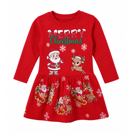 Детска коледна рокля Merry Christmas с Дядо Коледа и еленче