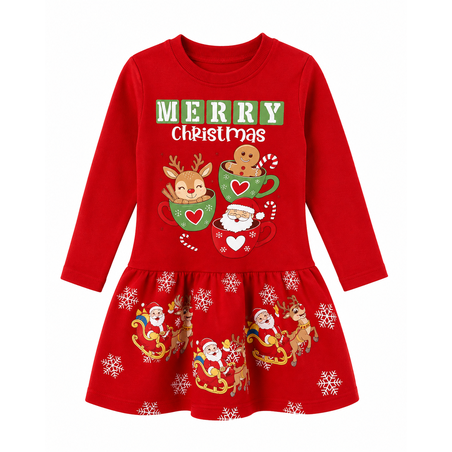 Ватирана детска коледна рокля Merry Christmas с еленче, Дядо Коледа и джинджифилово човече