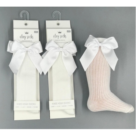 Детски чорапи до коляното с панделка - бели