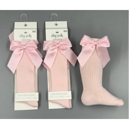 Детски чорапи до коляното с панделка - розови