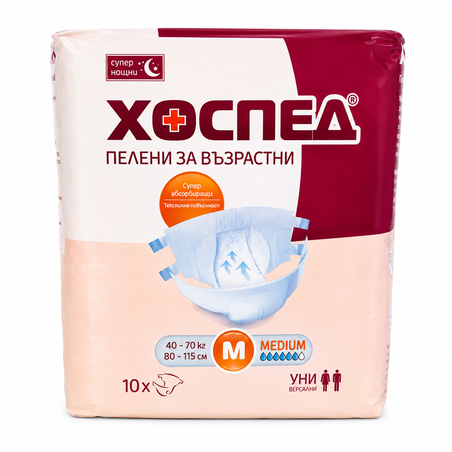 ХОСПЕД ПЕЛЕНИ ЗА ВЪЗРАСТНИ СУПЕР НОЩНИ РАЗМЕР М 40-70 кг. 10 бр. / опак.
