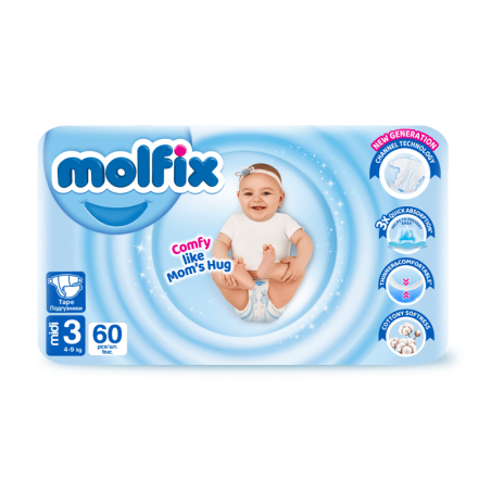 Molfix Памперси 3 , 4-9кг/ 60 бр. + ПОДАРЪК МОКРИ КЪРПИ Molfix