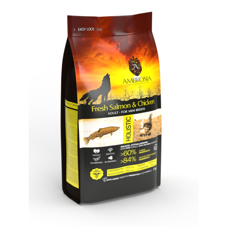 Ambrosia • Mini adult • Ultra premium за кучета от малки породи над 12 месечна възраст с Прясна сьомга и пиле - 2 кг