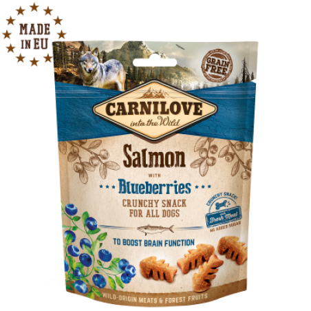 Хрупкави лакомства за куче Carnilove Crunchy snack Salmon with Blueberries with Fresh meat с прясна сьомга и боровинки, БЕЗ ЗЪРНЕНИ КУЛТУРИ 0.200 кг.