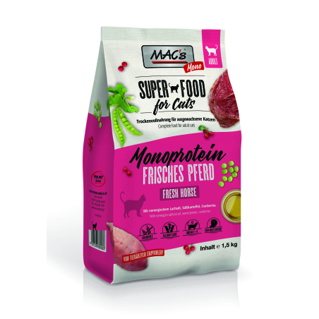 Mac's Monoprotein Adult суха храна с конско, сладък картоф и червени боровинки за капризни и чувствителни котки - 1.5 кг