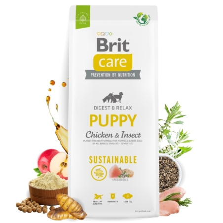Brit Care Dog Sustainable Puppy Chicken&Insect – Супер премиум суха храна за подрастващи кученца от всички породи. С високоусвоим протеин от насекоми и пилешко месо 1 кг.