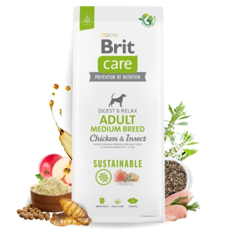 Brit Care Dog Sustainable Adult Medium Breed Chicken&Insect- Супер премиум суха храна за кучета от средните породи. С високоусвоим протеин от насекоми и пилешко месо 1 кг.