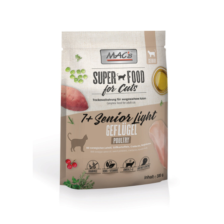 Mac's Senior 7+ / Light суха храна с пилешко, боровинки и билки за възрастни, кастрирани или слабоактивни котки - 300 гр