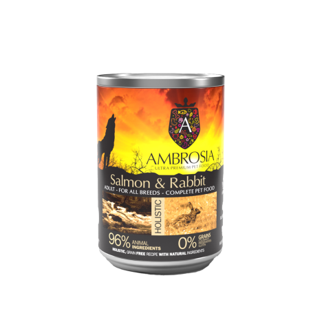 Ambrosia здравословна храна за кучета над 12 месечна възраст от всички породи със Сьомга и Заек 400гр.