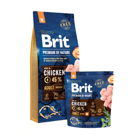 Суха храна за кучета BRIT PREMIUM ADULT M BY NATURE [ НОВА, ПОДОБРЕНА ФОРМУЛА ] с до 45% прясно пилешко месо 3 кг.