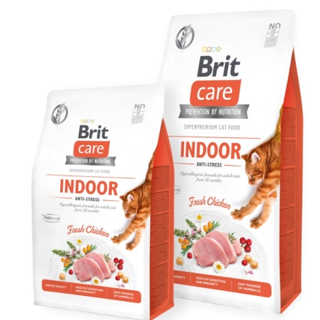 Пълноценна суха храна за котки живеещи в затворени пространства Brit Care Cat Grain-Free INDOOR ANTI-STRESS със 26% прясно пилешко месо, плодове и зеленчуци, БЕЗ зърнени култури 2 кг.