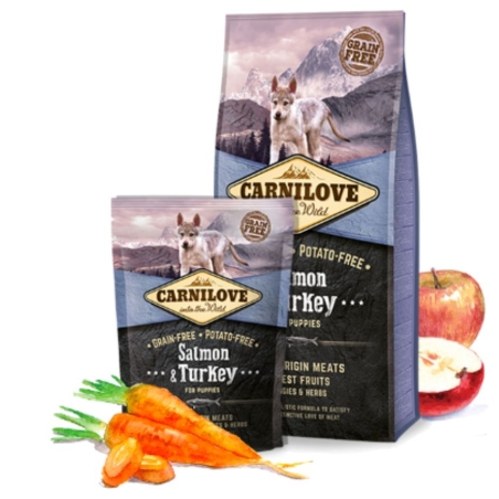 Пълноценна, суха храна за малки кученца Carnilove Salmon & Turkey for Puppies със 25% сьомга и 20% пуешко, БЕЗ ЗЪРНЕНИ КУЛТУРИ 1.5 кг.