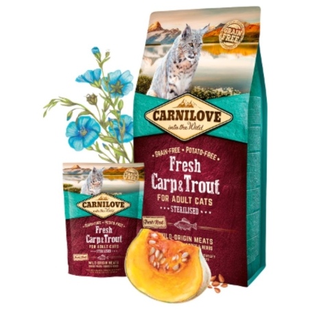 Натурална суха храна с прясно месо за кастрирани котки Carnilove Fresh Carp & Trout Sterilised for adult cats със 25% пресен шаран и 20% пъстърва, БЕЗ ЗЪРНЕНИ КУЛТУРИ 2 кг.