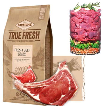 Ултра премиум суха храна Carnilove TRUE FRESH Beef for Adult МОНОПРОТЕИНсъс 60% истинско, прясно телешко месо, грах и тиква, БЕЗ ЗЪРНЕНИ КУЛТУРИ, подходяща за всички породи 1.4 кг.