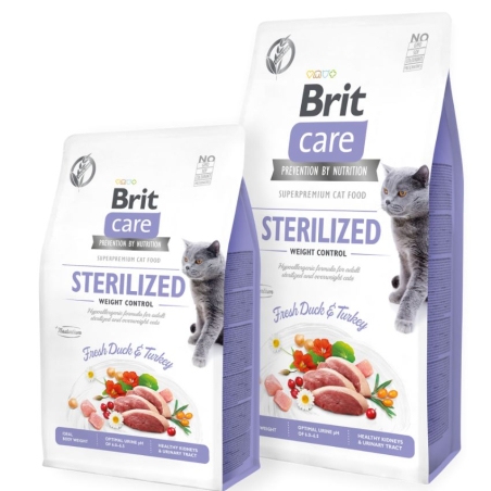 Пълноценна суха храна за кастрирани котки Brit Care Cat Grain-Free STERILIZED AND WEIGHT CONTROL със 26% прясно патешко, 26% пуешко и зеленчуци, БЕЗ ЗЪРНЕНИ КУЛТУРИ 2 кг.